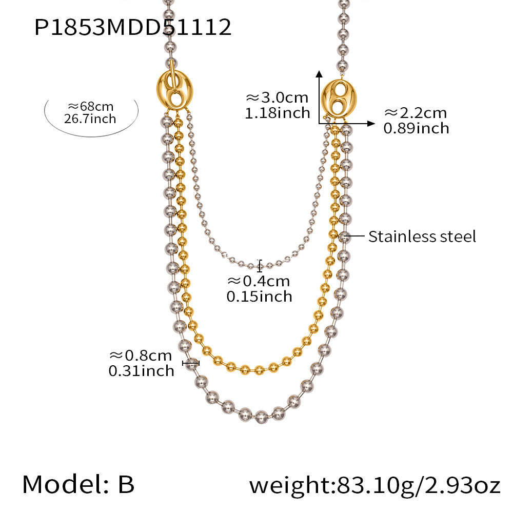 B廠-歐美拼色不鏽鋼愛心扣多層圓珠鏈項鍊ins個性時尚百搭飾品「P1853」25.11-3
