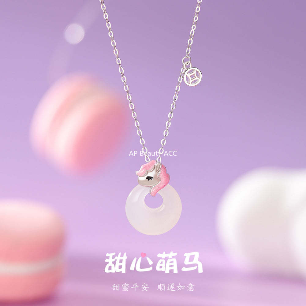 D廠-原創足銀S999甜心萌馬項鍊可愛設計卡通高級新款小眾鎖骨鏈批發「YC3828N_1」25.12-2