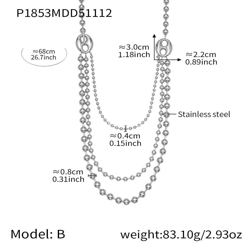 B廠-歐美拼色不鏽鋼愛心扣多層圓珠鏈項鍊ins個性時尚百搭飾品「P1853」25.11-3
