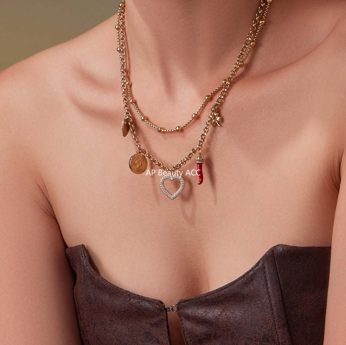 B廠-不鏽鋼雙層疊戴項鍊 ins愛心鋯石多吊墜歐美百搭輕奢鎖骨鏈「P170」25.11-3