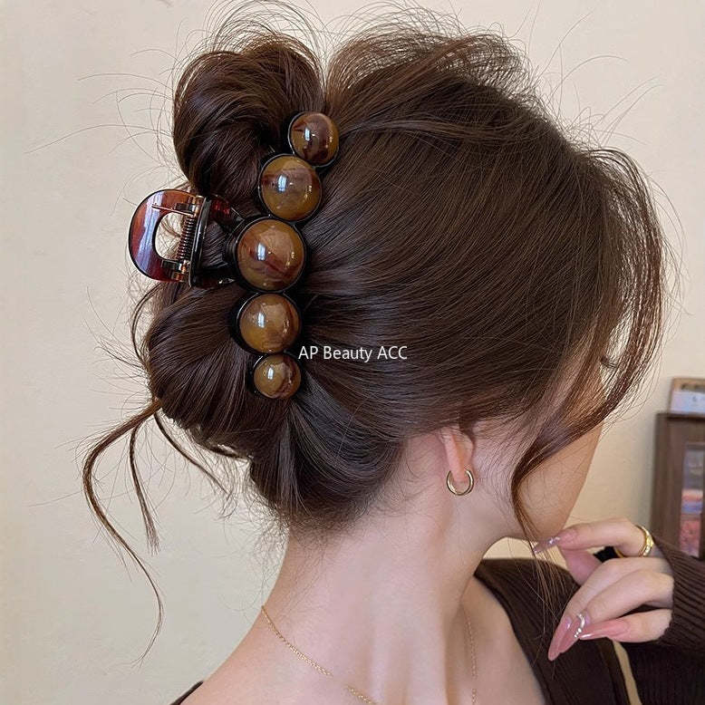 E廠-咖色高級感圓珠抓夾女2025新款高級感大號鯊魚夾後腦勺髮夾頭飾「27701」25.11-3