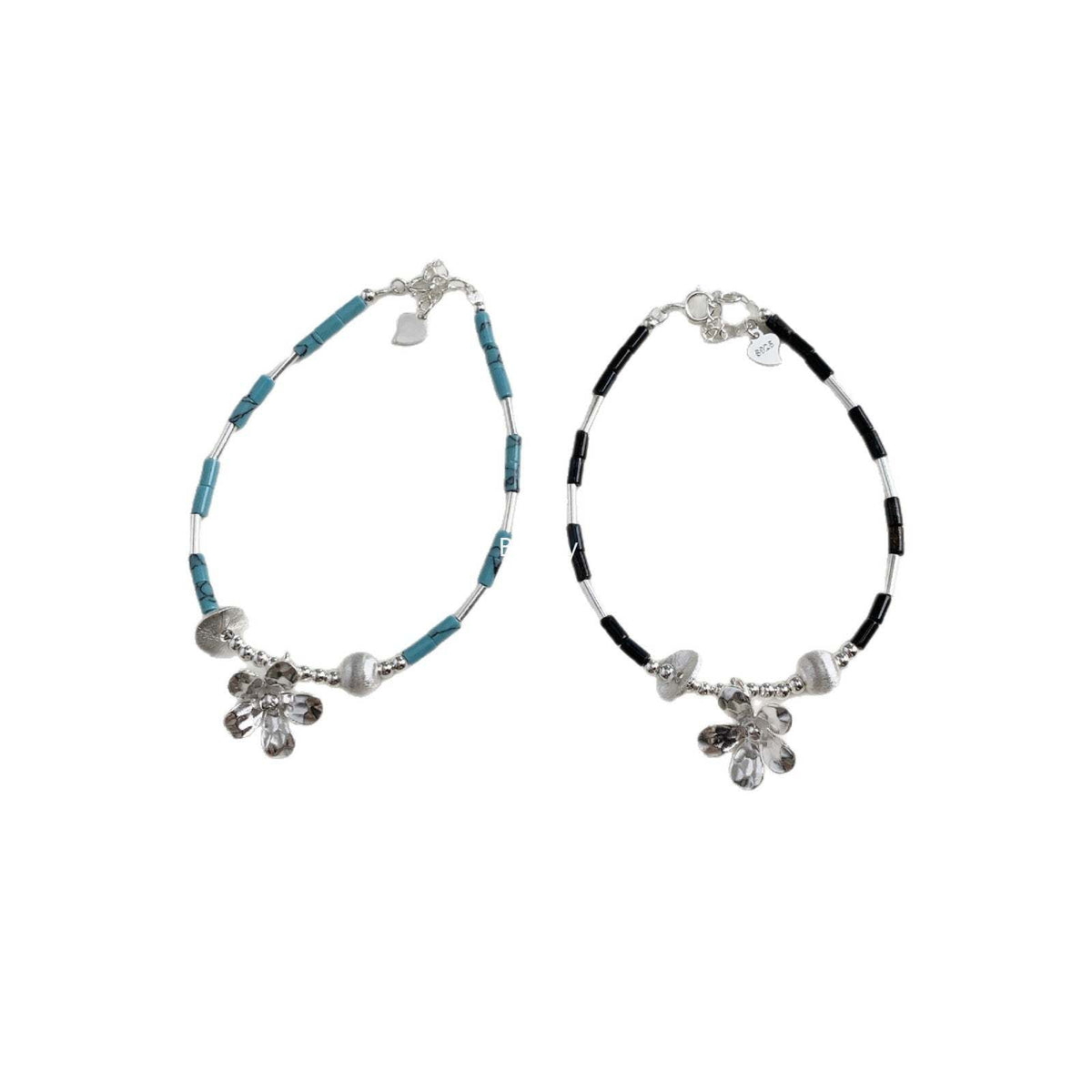 C廠-泰國清邁風手工銀花朵藍松石天然虎眼石直管S925純銀手鍊「1399」25.11-3