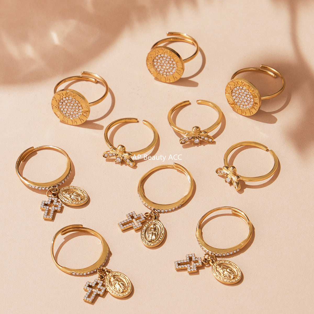 B廠-跨境不鏽鋼鑲鋯石開口戒指組合 鍍18k金時尚簡約尾戒批發「A569-A572-A649」25.10-1