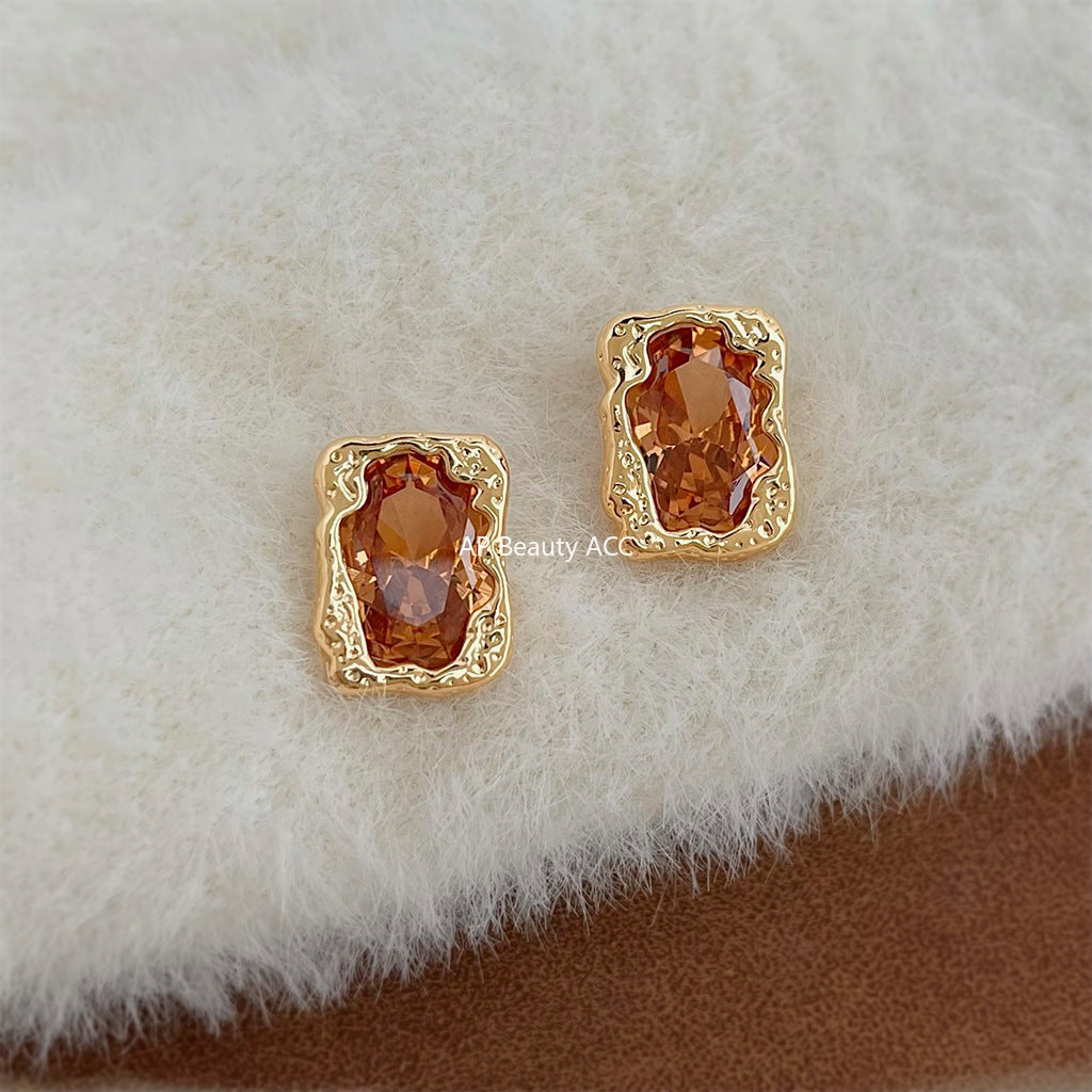 A廠-秋冬色系淺咖香檳色液態高級感925銀針幾何長方形工廠耳飾 耳環女「7074」25.11-2