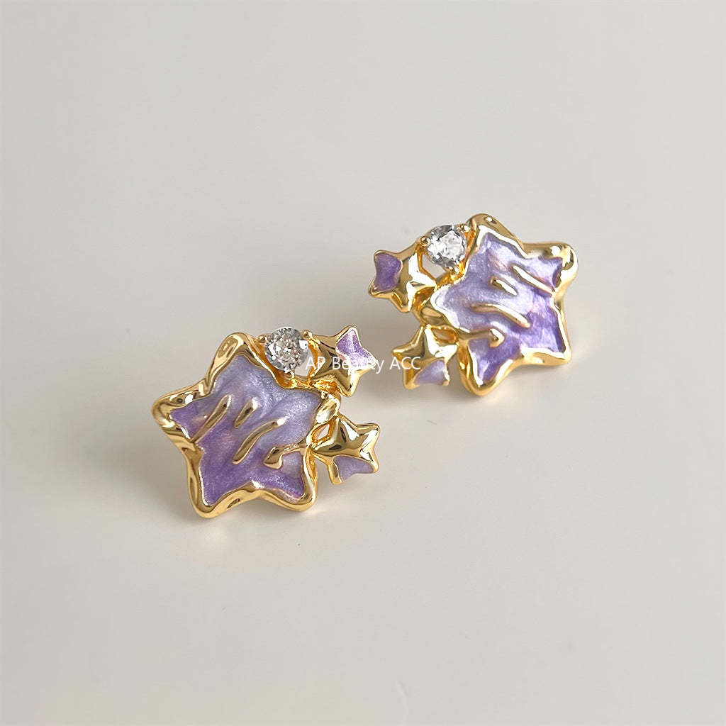 A廠-原創琺瑯彩繪滴釉漸變色 925銀針鑲嵌鋯石紫色星星耳環個性耳飾女「7200」25.12-1