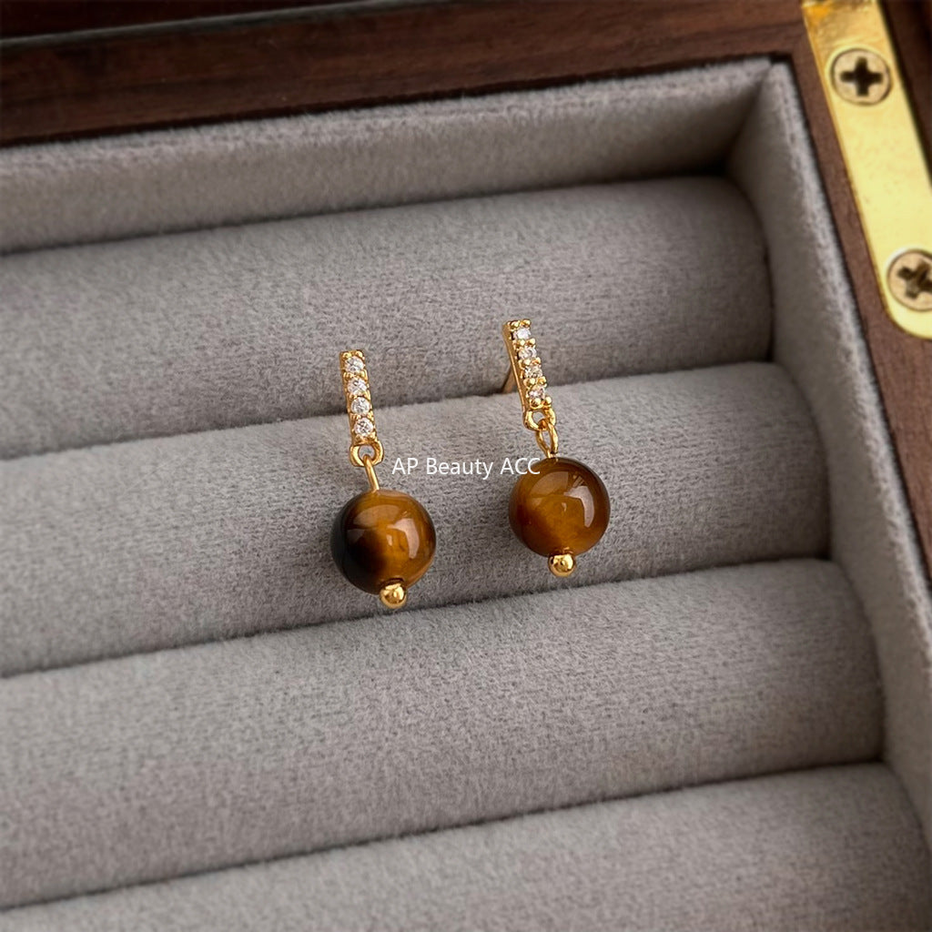 A廠-秋冬爆款美拉德風時尚高級感虎眼石微鑲鋯石小巧簡約耳環耳飾「7062」25.11-2