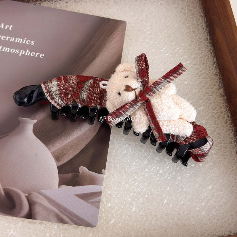 E廠-美拉德格紋布藝蝴蝶結玩偶小熊香蕉夾髮夾竪夾大號馬尾夾韓版髮飾「27722」25.11-4