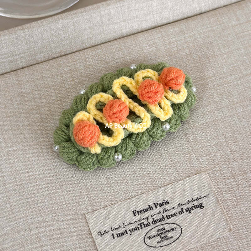 E廠-秋冬手工鈎針毛線水果髮夾女款2025新款前額bb夾側邊夾碎髮瀏海夾「27629」25.11-1