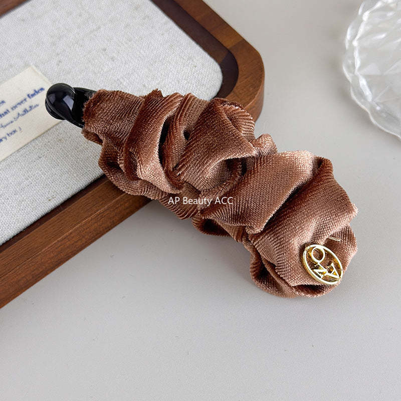 E廠-韓系褶皺絲絨香蕉夾女後腦勺髮夾馬尾竪夾氣質髮飾半扎髮抓夾頭飾「27709」25.11-3