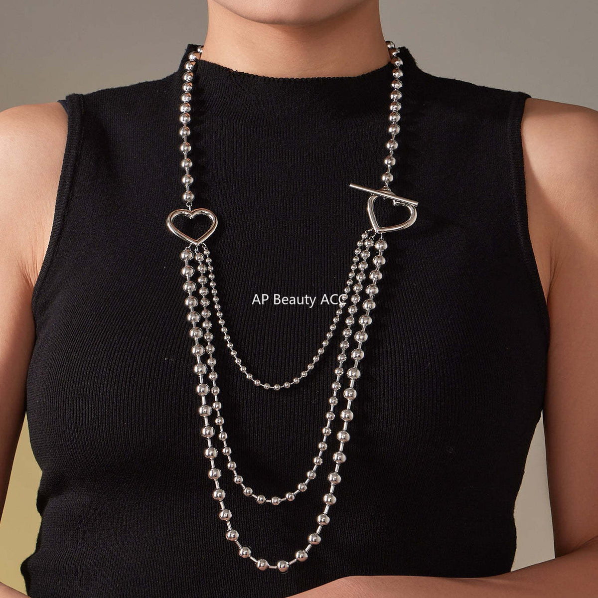 B廠-歐美拼色不鏽鋼愛心扣多層圓珠鏈項鍊ins個性時尚百搭飾品「P1853」25.11-3