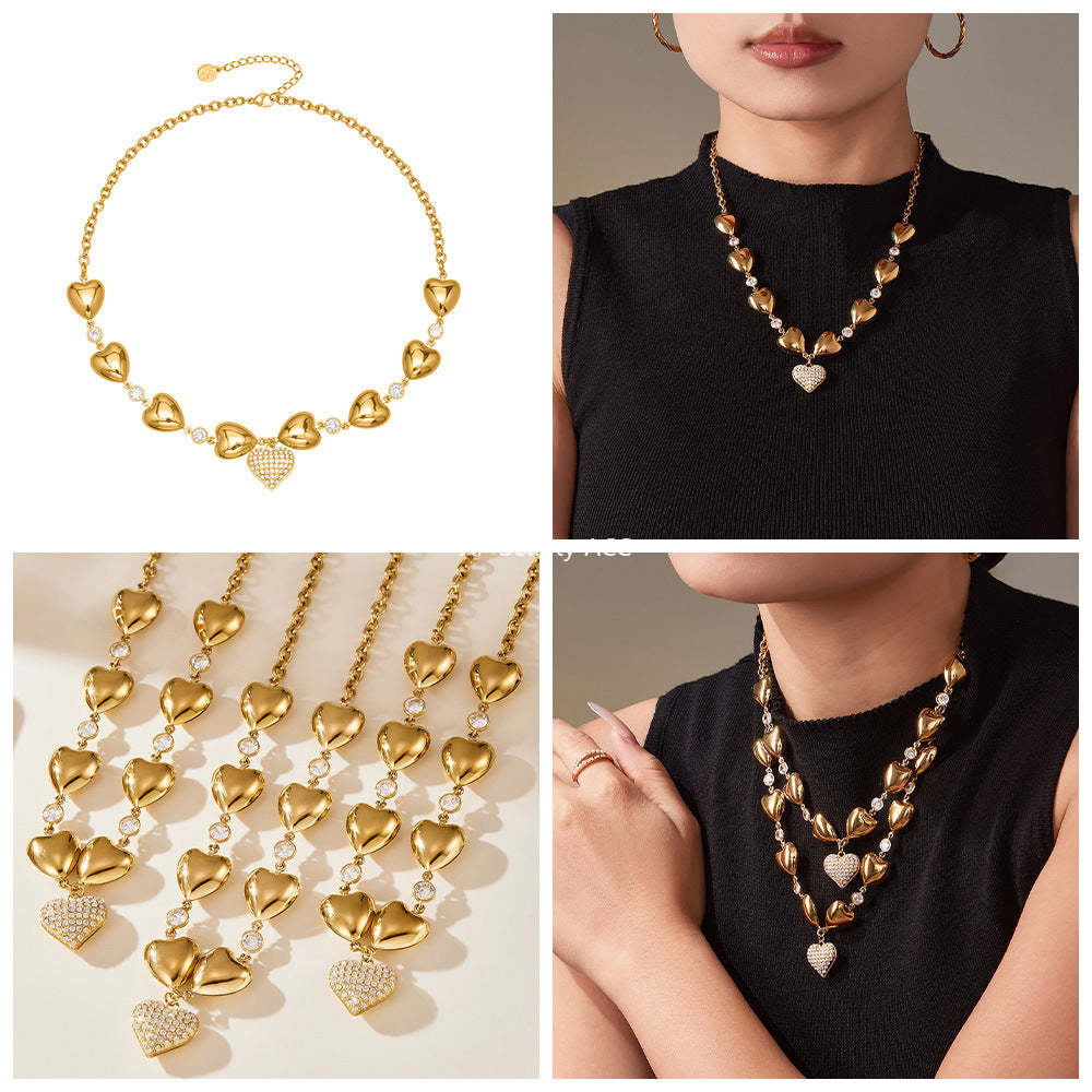 B廠-重工高質5A鋯石愛心滿鑽不鏽鋼空心項鍊鍍18k真金珠寶首飾「P1344」25.11-3