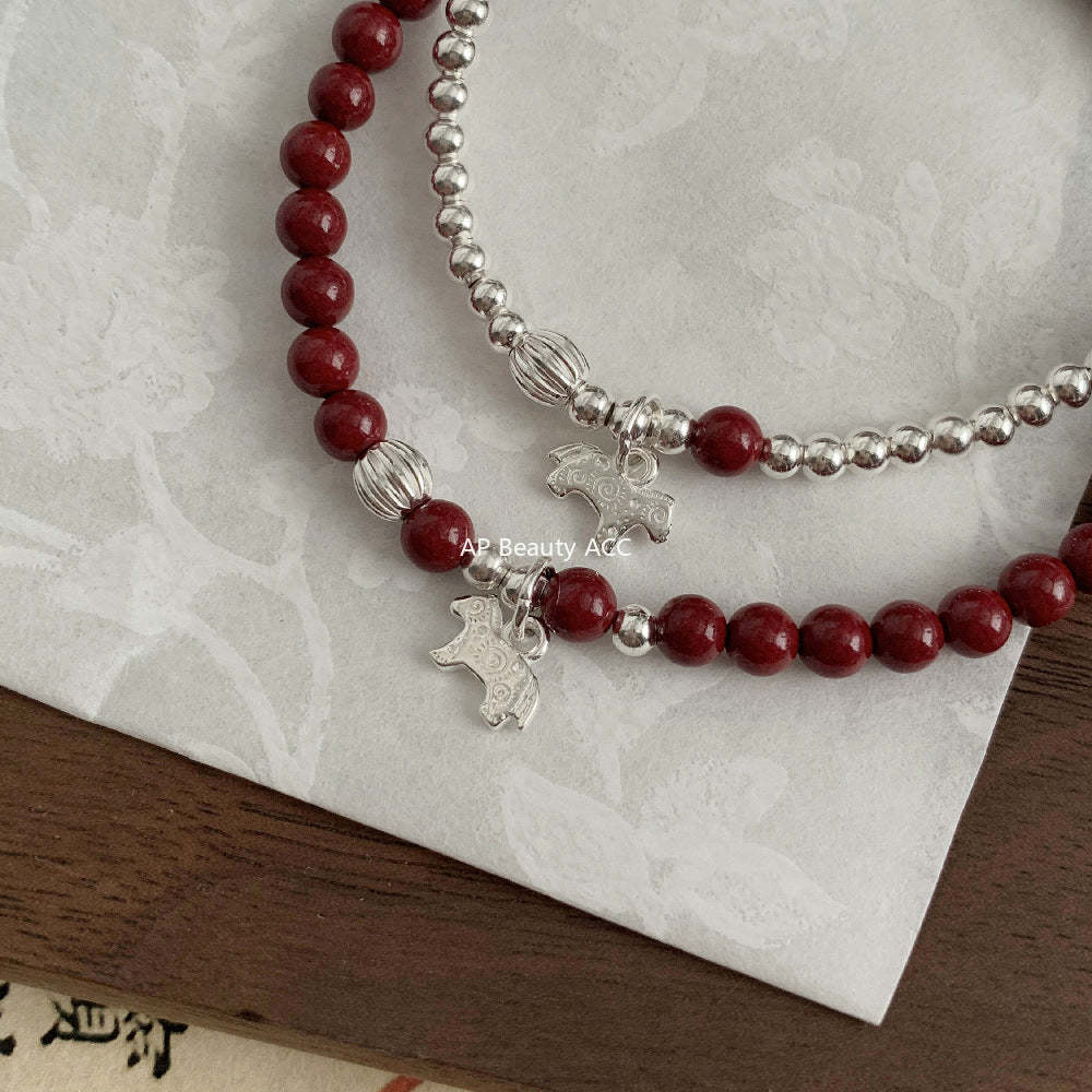 C廠-2026生肖馬年 小馬條紋銀珠朱砂紫金砂手工手串S925純銀手鍊「1640-1641」25.12-3