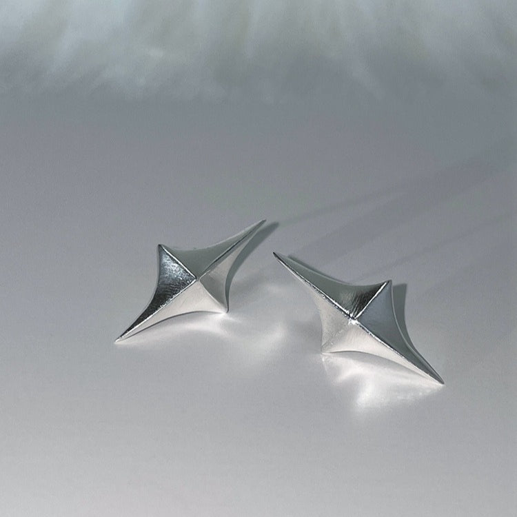 C廠-925銀針拉絲立體四芒星耳釘女輕奢高級氣質耳環日常百搭秋冬耳飾「EH-4119」25.11-2