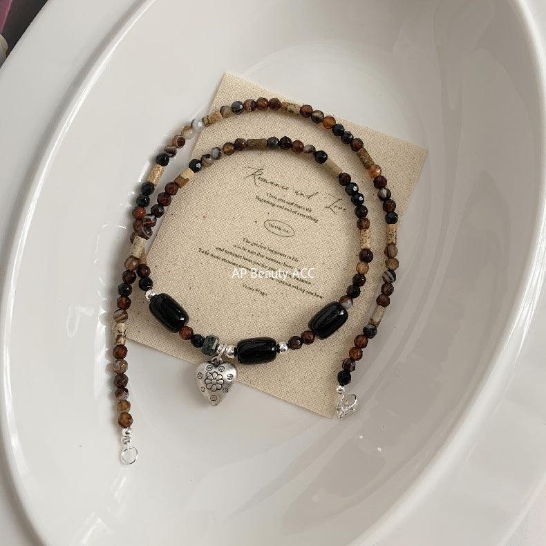 C廠-藏式民族風串珠項鍊S925純銀愛心花朵瑪瑙天然石文藝冷淡頸鏈手作「1607」25.11-2