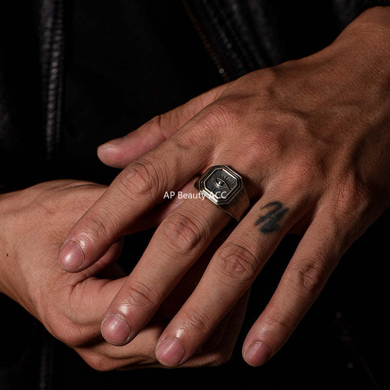 G廠-復古惡魔之眼戒指男潮個性冷淡風仿泰銀拉絲食指戒時尚創意感指環「J2688」25.11-4