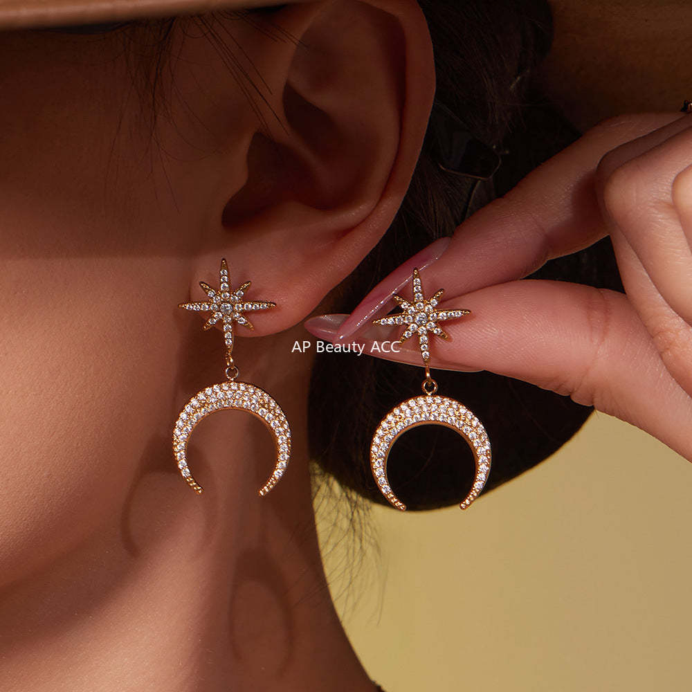 B廠-歐美熱銷新品不鏽鋼5A鋯石八芒星月牙吊墜耳環項鍊首飾套裝「TXP485」25.11-4