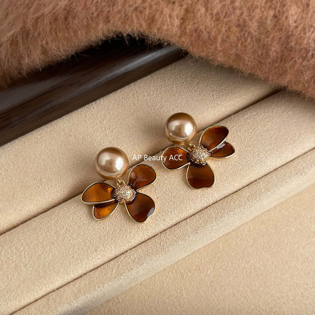 A廠-2025新款爆款文藝復古美拉德風925銀針琺瑯滴釉咖色花朵耳飾 耳環「7105」25.11-3