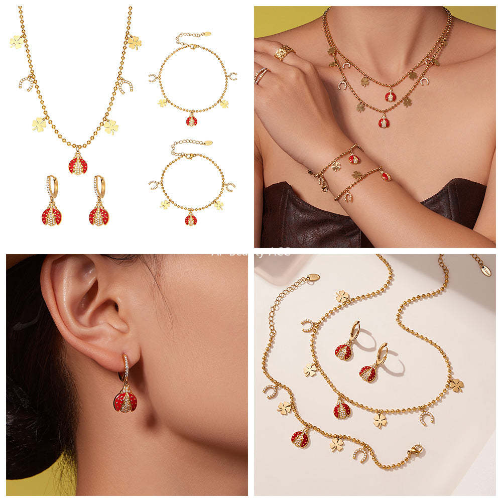 B廠-不鏽鋼5A鋯石滴油七星瓢蟲多配件吊墜項鍊手鍊耳環腳鏈套裝「TXP479」25.11-4