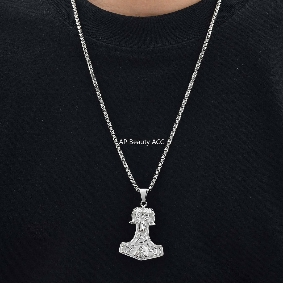 G廠-哥特風 不鏽鋼維京羊頭雷神錘吊墜項鍊 北歐男士復古飾品「PN-2218」25.11-1