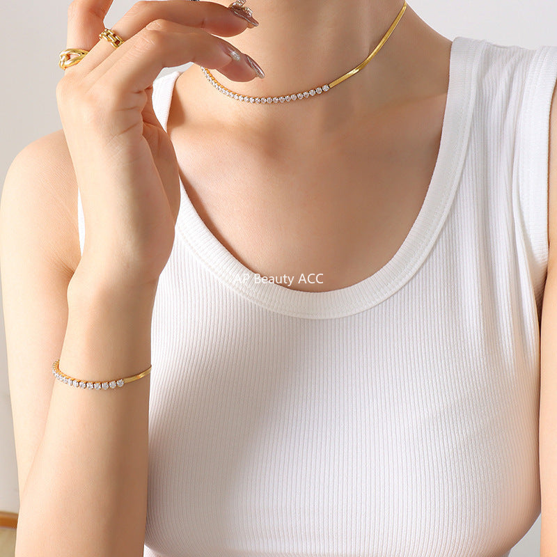 B廠-歐美不掉色精緻氣質帶鑽鋯石鑲嵌拼接刀片鏈鍍金項鍊手鍊首飾套裝「P281-E326」25.11-2