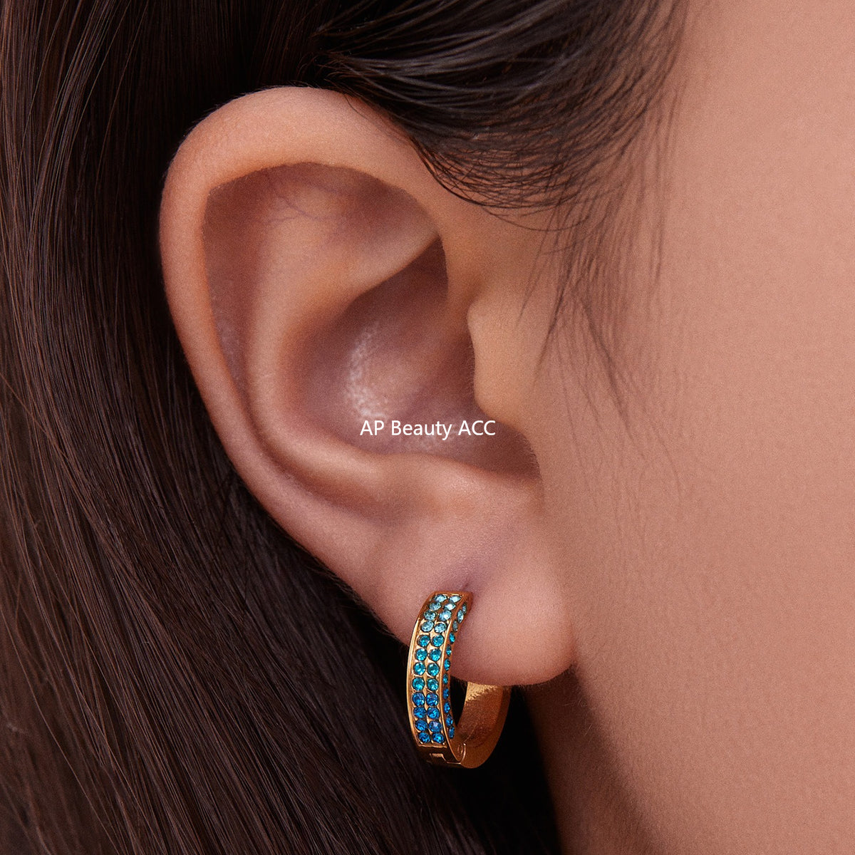 B廠-ins風高質量彩色5A鋯石圓圈卡扣耳環不鏽鋼鍍18k真金耳飾女「F930」25.11-2