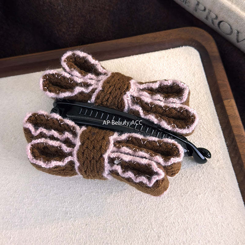 E廠-韓國復古針織毛線雙層蝴蝶結髮夾香蕉夾2025新款秋冬款盤髮馬尾夾「27758」25.12-1