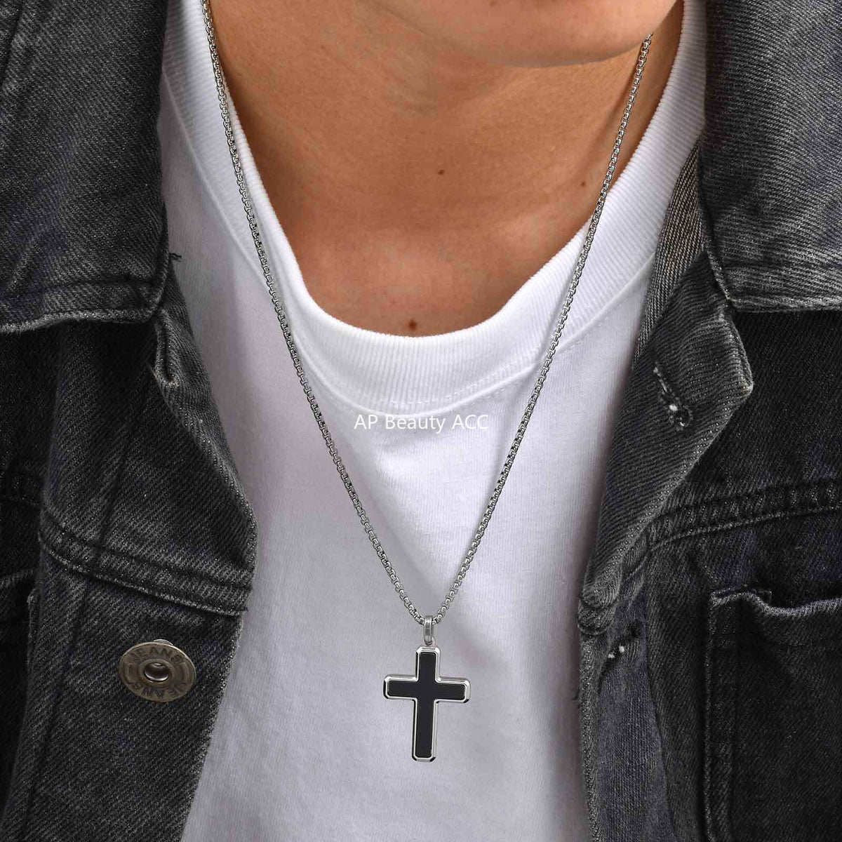 G廠-不鏽鋼歐美跨境男士項鍊十字架綠松石虎眼毛衣鏈簡約吊墜「PN-2224」25.12-2