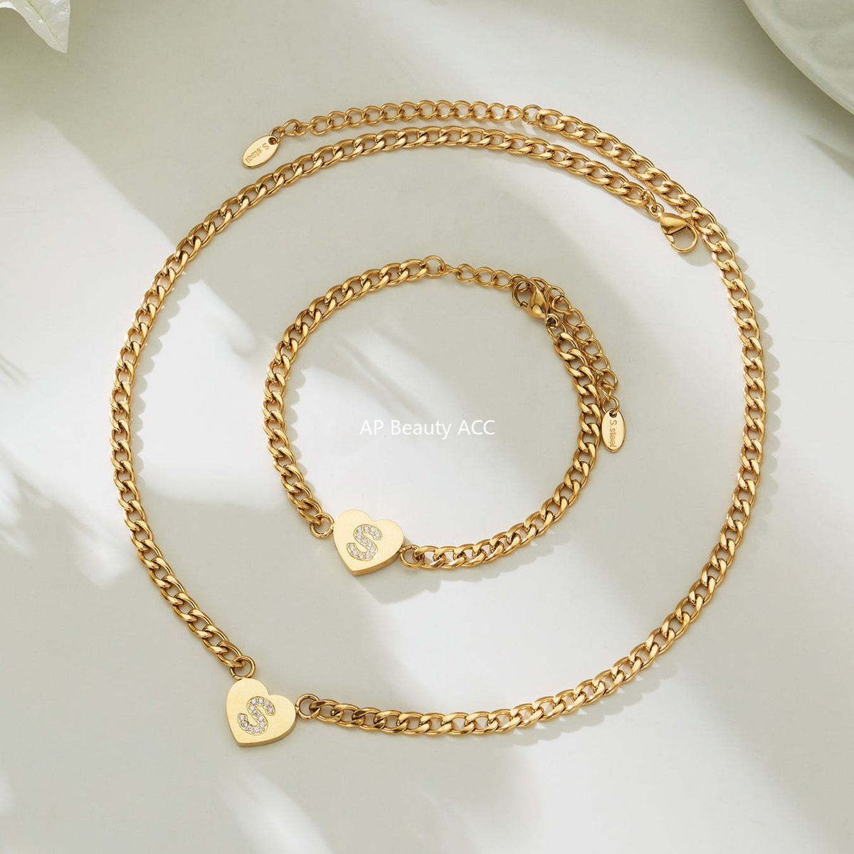 B廠-不鏽鋼愛心字母鑲嵌鋯石吊墜項鍊手鍊套裝 歐美個性首飾鍍18k真金「RP021」25.12-1