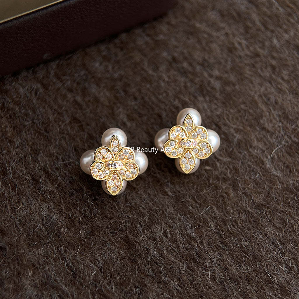 A廠-原廠鳶尾花微鑲鋯石925銀針鍍14K保色電鍍時尚高級感耳飾「7234」25.12-2