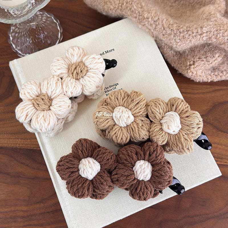 E廠-復古毛線花朵香蕉夾竪夾女秋冬飽滿後腦勺高馬尾抓夾氣質百搭髮夾「27628」25.11-1