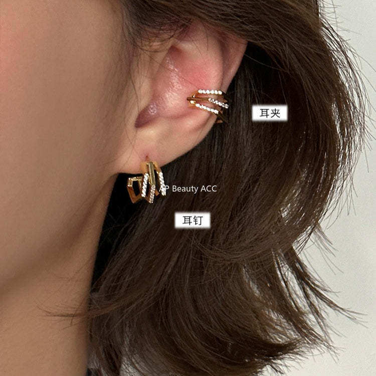 C廠-網紅個性疊戴風多層鋯石銀針耳耳釘女韓系時尚清冷ins無耳洞耳夾「EH-4292」25.12-3