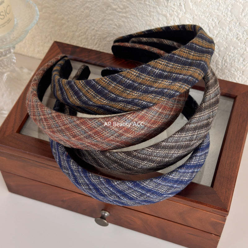 E廠-韓國經典復古格紋凹凸髮箍女2025新款法式高顱頂寬邊氣質頭箍髮飾「27675」25.11-3