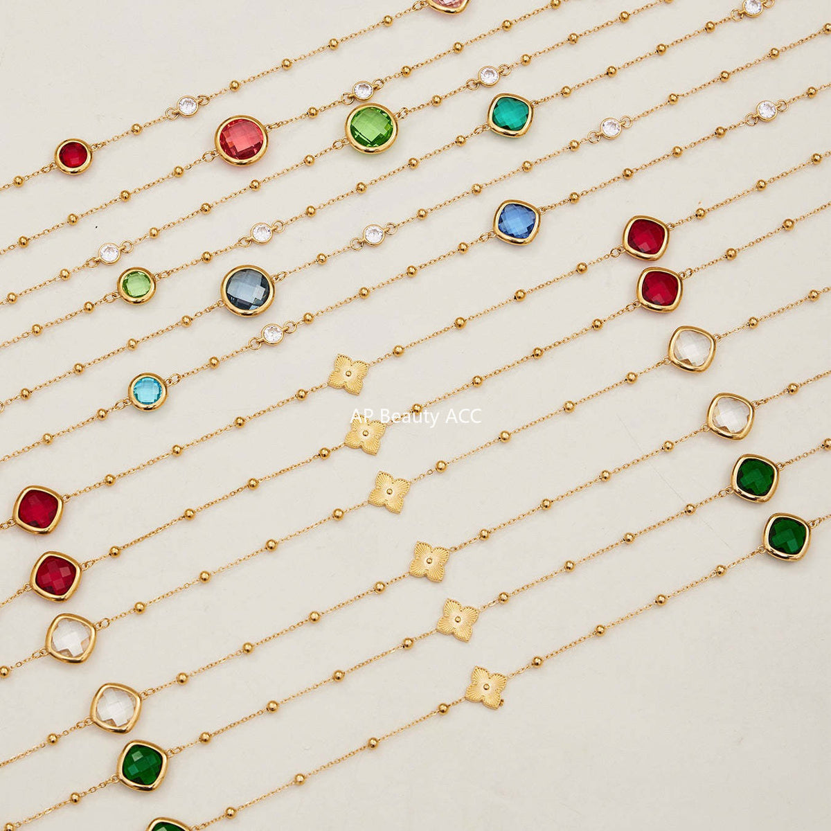 B廠-不鏽鋼四葉花鑲鋯石切麵包邊石頭手鍊長款毛衣鏈項鍊耳環首飾套裝「TXP509」25.12-1