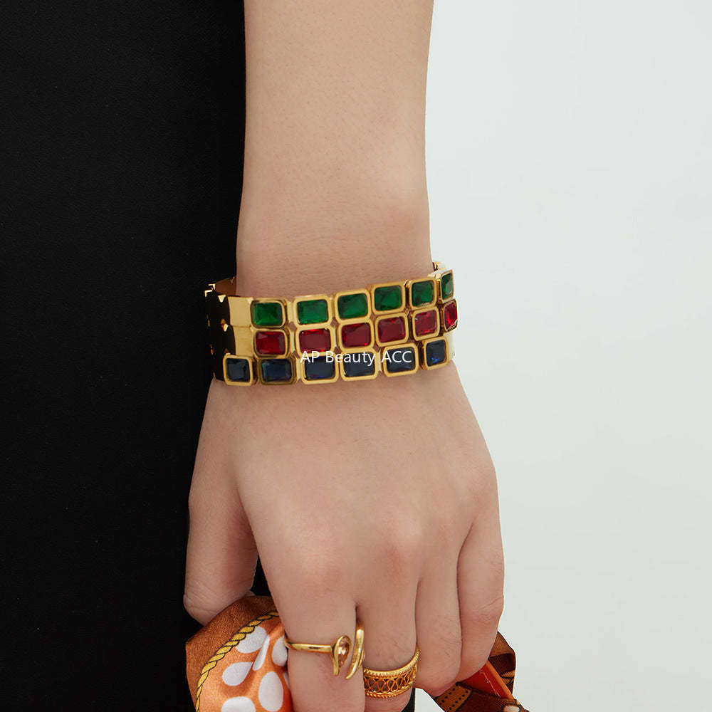 B廠-不鏽鋼方形彩色玻璃石手鐲ins小眾設計歐美潮酷飾品鍍18k金不掉色「Z518」25.12-2