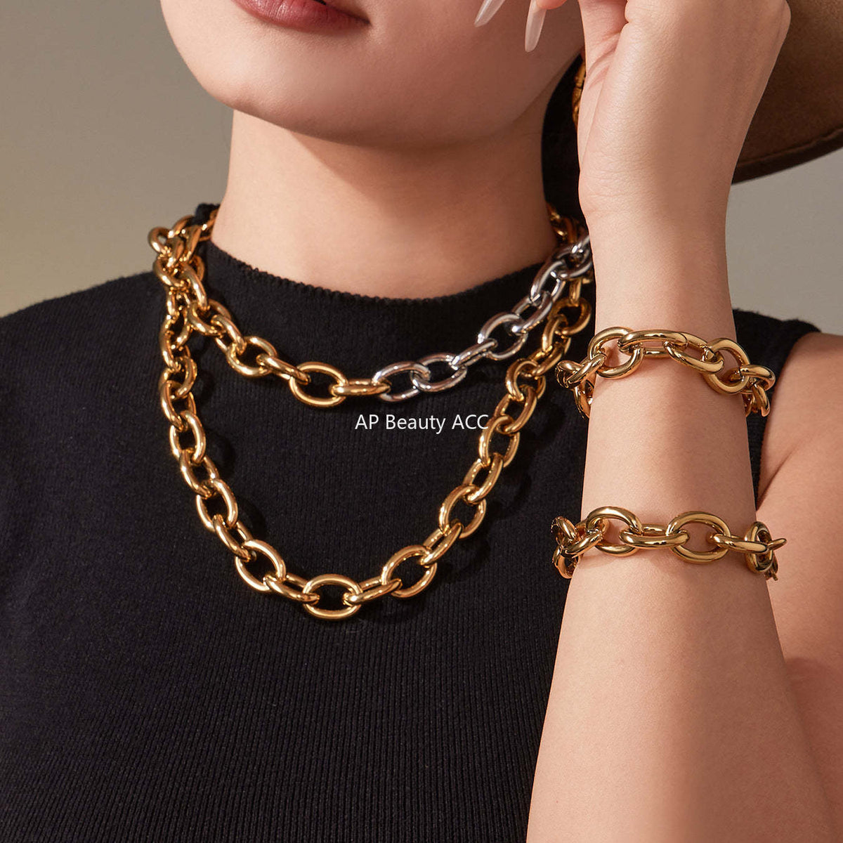 B廠-歐美嘻哈潮酷粗款O字鏈手鍊項鍊套裝不鏽鋼鍍18k真金不掉色「TXP465」25.11-3