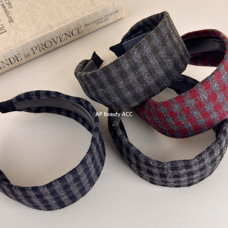 E廠-復古咖色格紋髮箍女日常外戴秋冬氛圍感寬邊頭箍高顱頂髮箍新款女「27632」25.11-1