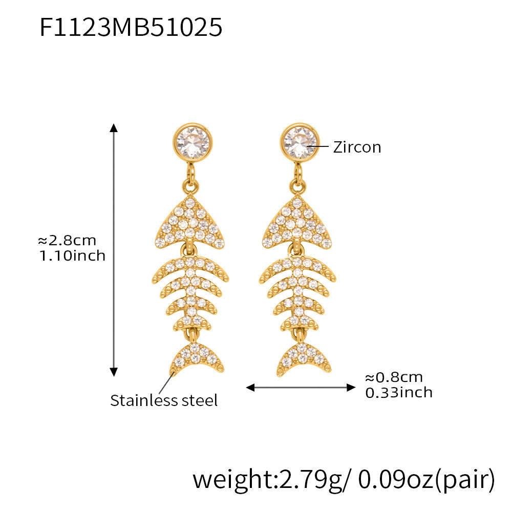 B廠-跨境新款魚骨造型滿鑽鋯石超閃耳環不鏽鋼鍍18k真金不掉色「F1123-F983」25.10-5