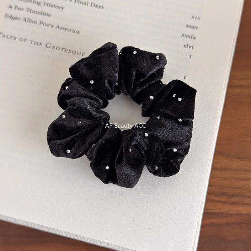 E廠-秋冬高級感韓系黑色絲絨燙鑽大腸髮圈百搭實用馬尾髮繩復古髮飾女「27641」25.11-1