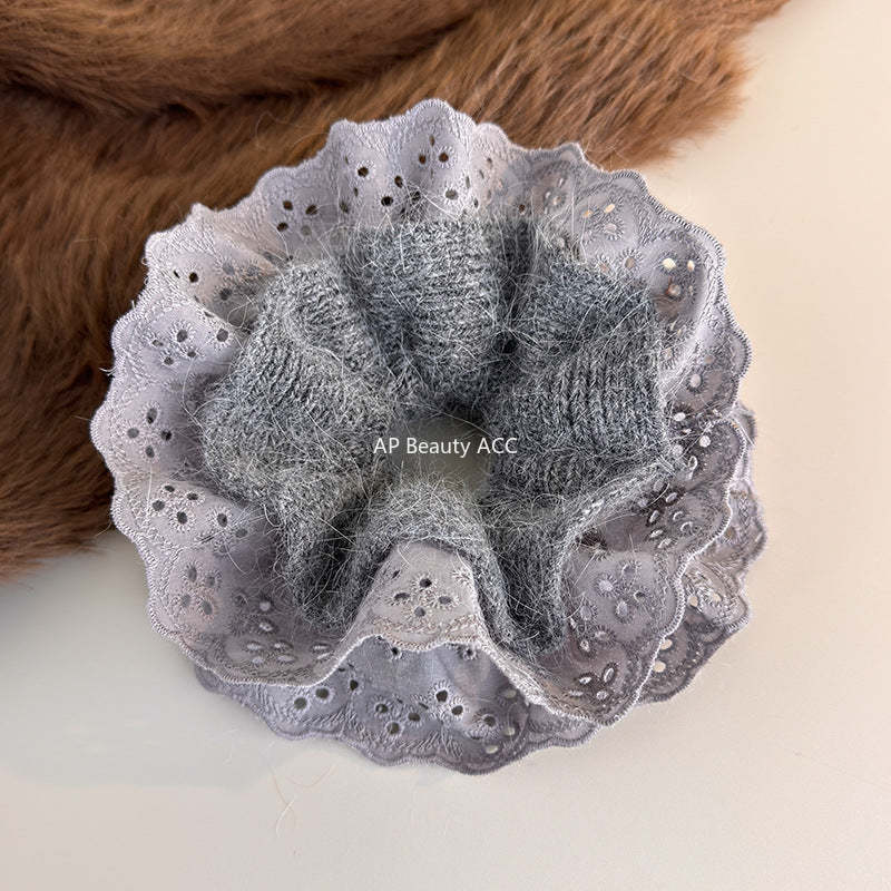 E廠-秋冬韓系毛線針織蕾絲大腸髮圈女超大丸子頭低馬尾頭繩慵懶風頭飾「27752」25.12-1