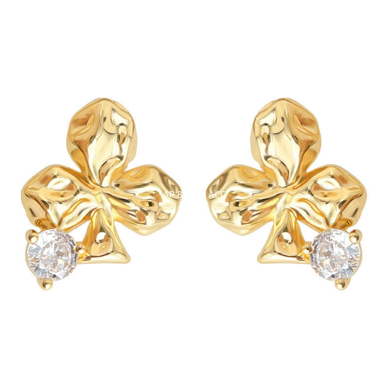 A廠-原廠梅花微鑲鋯石925銀針鍍14K時尚通勤簡約個性新款耳飾耳釘「7137」25.12-1