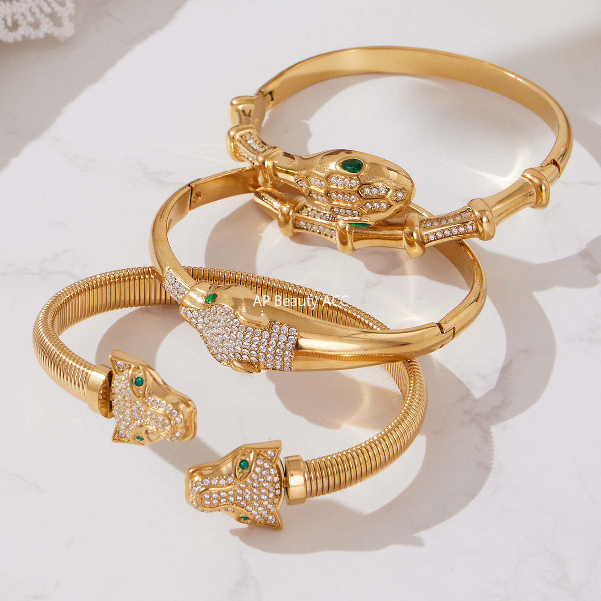 B廠-歐美新款雙豹子頭滿鑽5A鋯石開口彈力手鐲不鏽鋼鍍18k真金「Z506-Z507-Z508」25.10-5