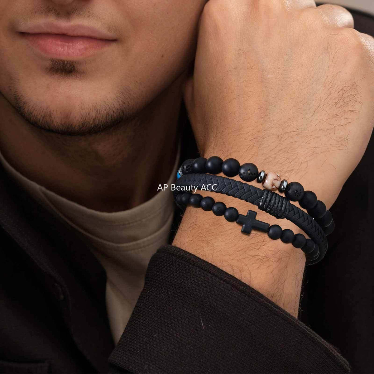 G廠-惡魔之眼黑瑪瑙串珠PU皮火山石串珠十字架三件套疊戴手鍊「BR-2751」25.10-5