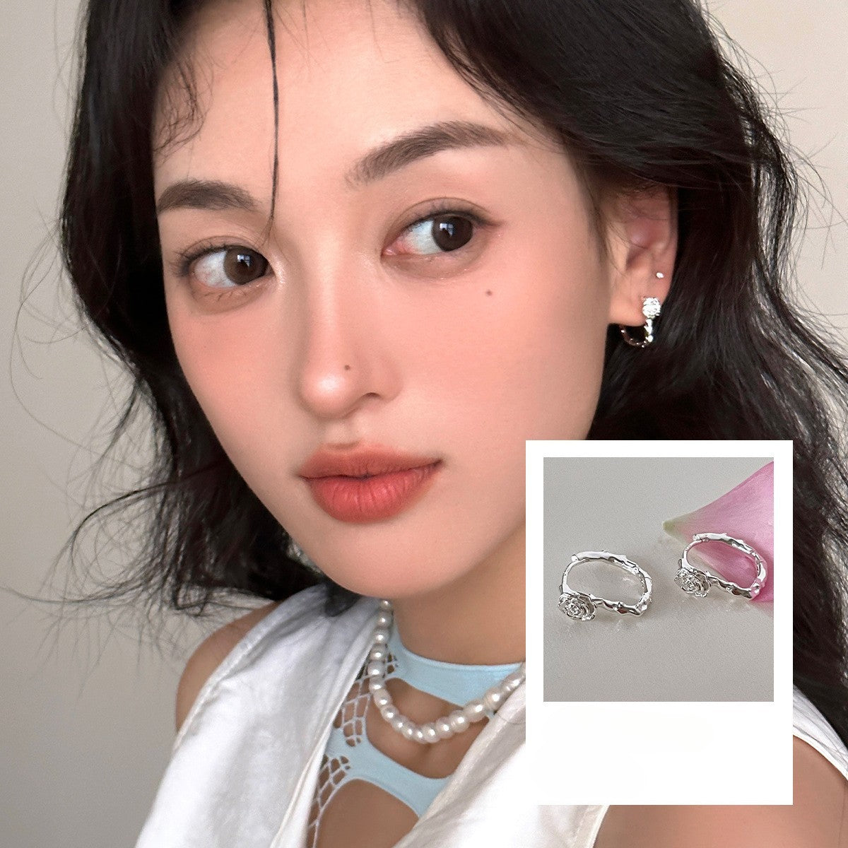 C廠-925銀針森系玫瑰花耳環女清新甜美氣質耳扣簡約時尚百搭個性耳飾「EH-3678」25.06-4