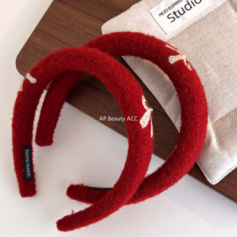 E廠-新年紅色刺繡蝴蝶結高顱頂髮箍女溫柔外出高級感頭箍髮捆可愛髮飾「27756」25.12-1