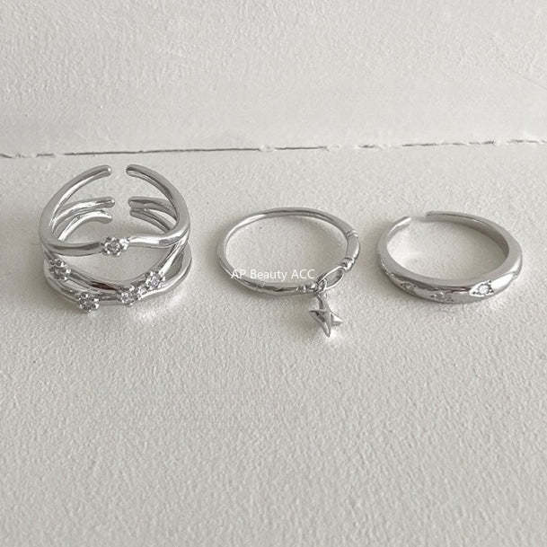 C廠-時尚個性冷淡風星星吊墜純銀戒指女小眾輕奢疊戴風多層鋯石食指戒「JZ-0720」25.10-5