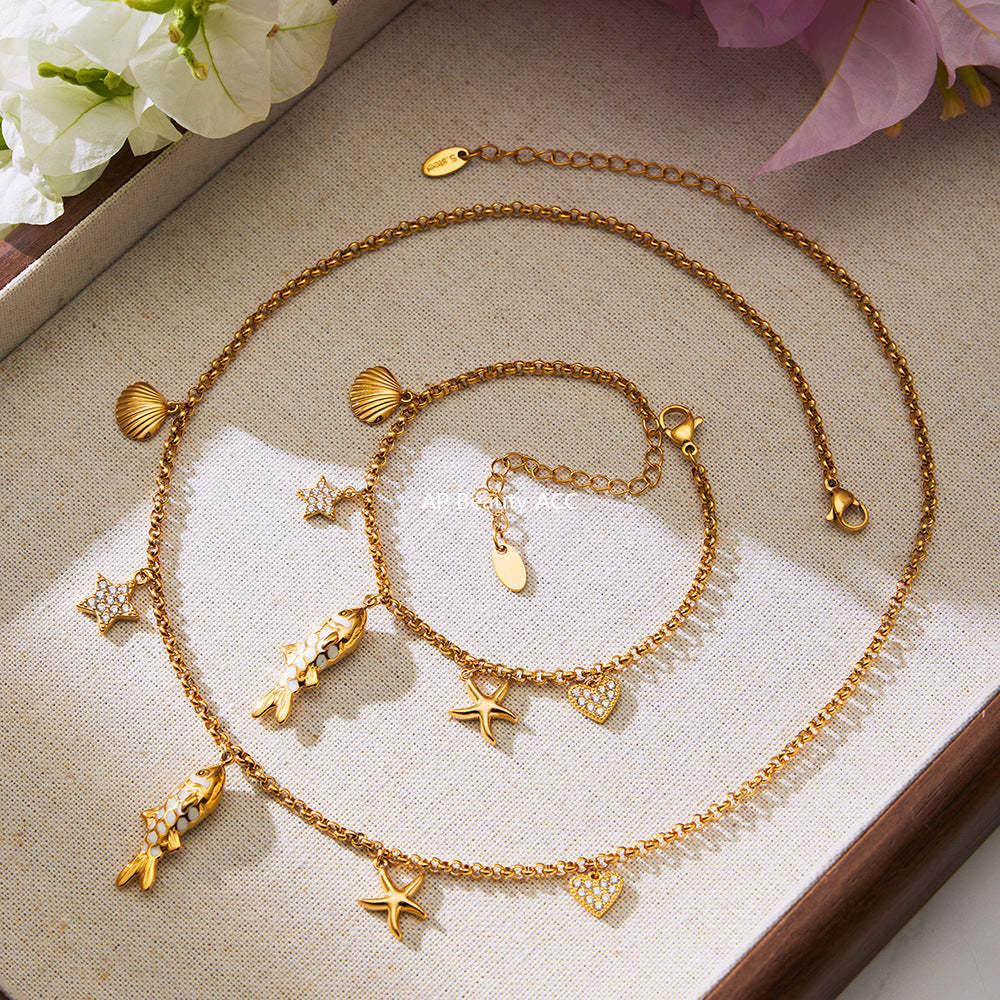 B廠-不鏽鋼ins小眾五角星鋯石滴油小魚兒多彩吊墜手鍊項鍊套裝「TXP484」25.11-4