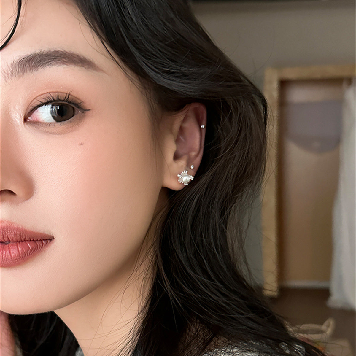C廠-法式小香風天然珍珠耳釘女高級感設計氣質通勤銀針耳環百搭耳「EH-3741」25.08-1