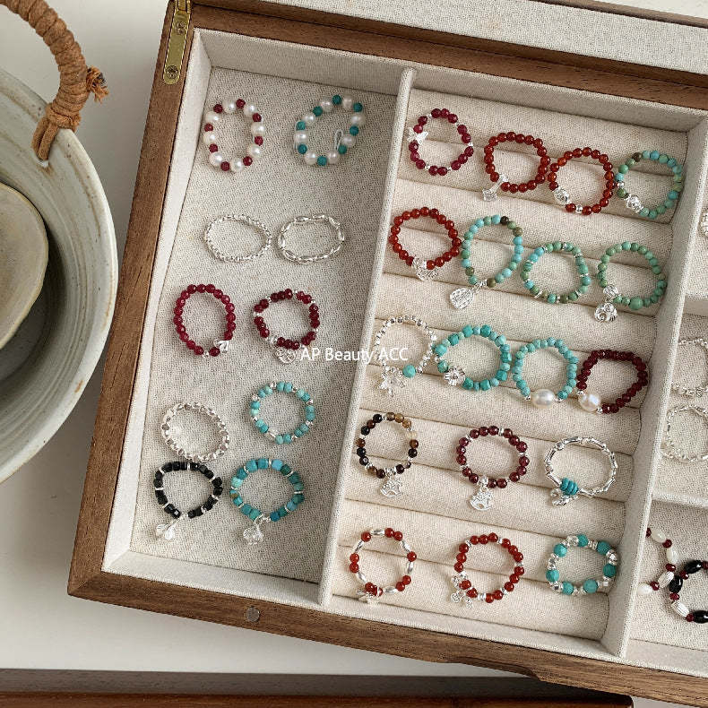 C廠-古風花朵葉子福袋小馬元寶蘋果紅瑪瑙彈力戒指S925純銀戒指女士「RB」25.11-4