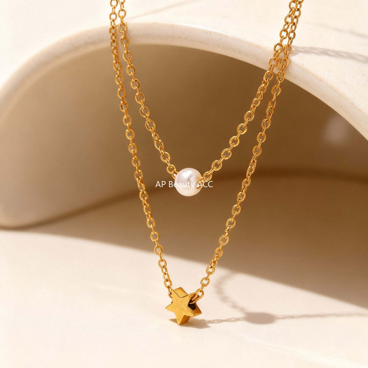 B廠-不鏽鋼星星貝珠設計感雙層項鍊 歐美通勤疊戴鍍18K金百搭個性首飾「P001」25.12-1