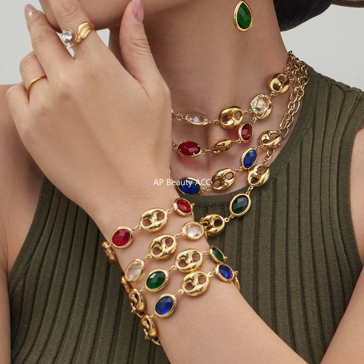 B廠-不鏽鋼空心豬鼻子包邊玻璃石手鍊項鍊套裝鍍18k真金跨境珠寶首飾「TXP514」25.12-2